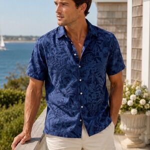 Polo Ralph Lauren Shirt Mens M Blue Hibiscus Floral Hawaiian Slim Short Sleeve